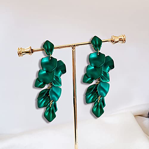 Long Acrylic Rose Petal Earrings Dangle Exaggerated Flower Earrings Drop Statement Floral Tassel Earrings for Women - color: Dark Green