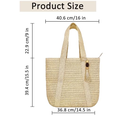 Large Straw Beach Tote Bags For Women Woven Boho Handmade Shoulder Handbags for Summer Vacation Travel with Tassels - color: Beige