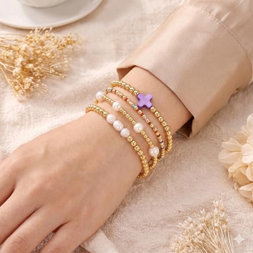 Gold Beaded Cross Bracelet for Women, 14K Plated Adjustable Stackable Dainty Bracelets, Non Tarnish Fashion Jewelry Set Gifts for Women Birthday Friendship - color: Colors-5