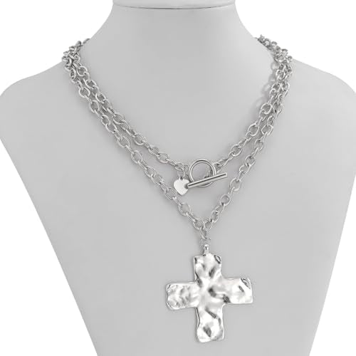 Chunky Cross Necklace for Women Chunky Gold Necklace Statement Cross Pendant Vintage Toggle Clasp Necklace Jewelry for Women - color: B2-Silver Cross Necklace