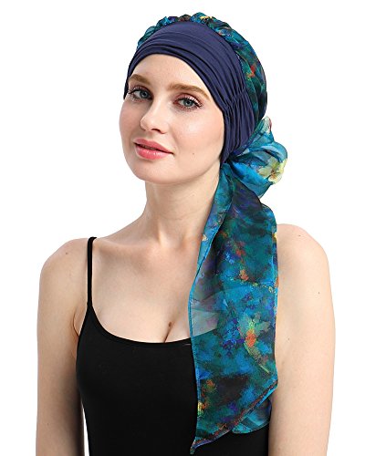 Chemo Headwear Turbans for Women Long Hair Head Scarf Headwraps Cancer Hats - color: Blue