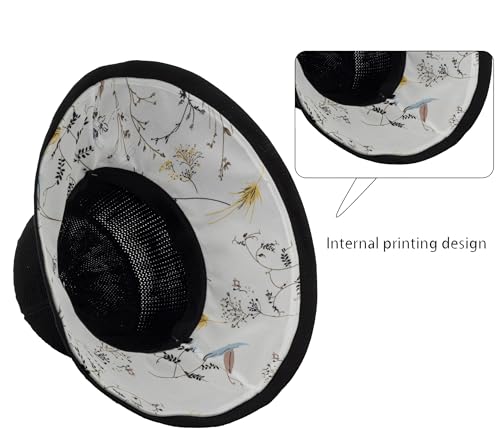 Women's-Mesh-Sun-Hats Wide-Brim Summer Beach Bucket Caps for Girls Outdoor-UV-Protection Foldable-Fishing-Hat Chin Strap - color: Black