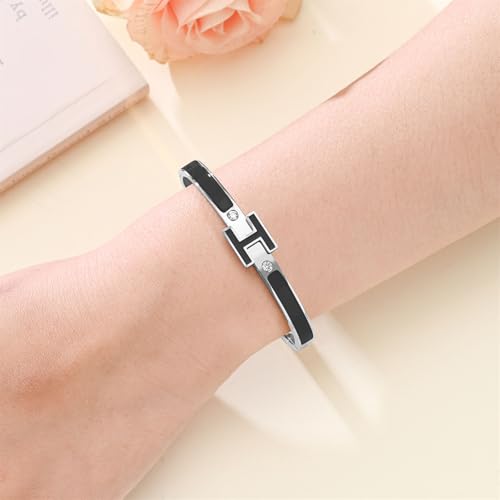 H Bangle & Clover Bracelet for Women - Stainless Steel Fashion Jewelry - 18K Gold Plated H Bangle and Lucky Five Leaf Clover Bracelet - Elegant Bracelets Set - Gift for Women - color: Silver-Black Set