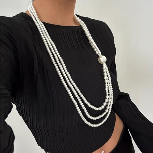 Bethynas Boho Layered Pearl Rhinestones Choker Necklace Vintage Chunky Pearl Crystal Pendant Short Necklace Chain Bridal Prom 1920s Costume Party Jewelry for Women - color: Pearl 1