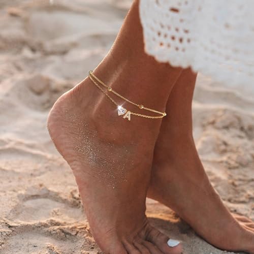 Ankle Bracelets for Women Waterproof 14K Gold Plated CZ Initial Anklet for Women Dainty Layered Letter Heart Ankle Bracelets Handmade Adjustable Foot Chain Anklet Summer Beach Jewelry - color: gold I