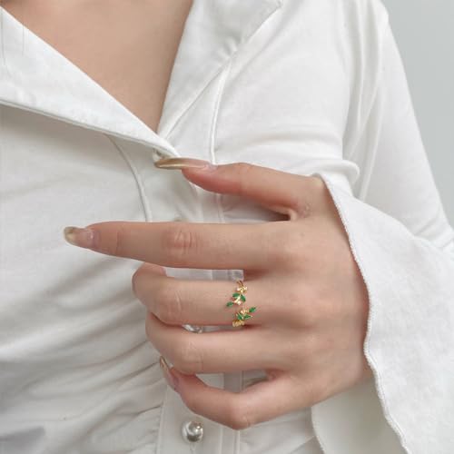 Dainty Rings Open Adjustable Ring Leaf Ring for Women Dainty Stackable Rings for Women - color: Green