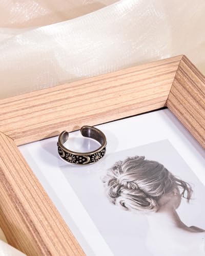 Vintage Bronze Sun and Moon Open Ring with Carving Design for Women Unique Boho Adjustable Ring for Gift - color: Bronze
