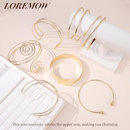 7Pcs Upper Arm Cuff for Women Gold Silver Open Arm Cuff Bracelets Adjustable Armlet Armband Minimalist Coil Swirl Arm Cuff Bracelet Jewelry - style: Gold-A