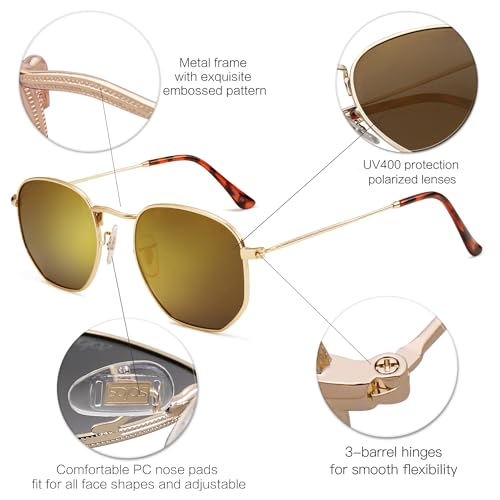 SOJOS Square Polarized Sunglasses for Women Men Small Hexagonal Polygon Shades SJ1072 - color: Gold Mirrored