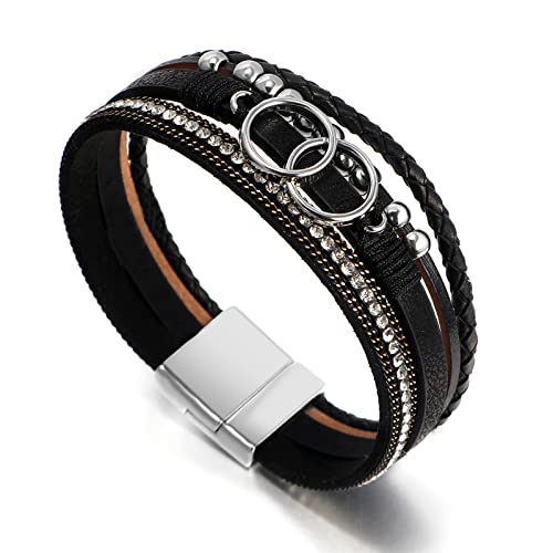 Fesciory Leopard Bracelet for Women, Boho Leather Wrap Multi-Layer Pearl Crystal Bracelet Bangle Jewelry - style: Double Circle(Black)