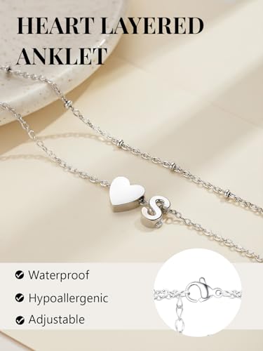 Silvora Ankle Bracelets for Women Waterproof 14K Gold/Silver/Black Initial Anklet for Women Dainty Layered Heart Ankle Bracelets Stainless Steel Adjustable Foot Chain Anklet Summer Beach Jewelry - color: D-Silver