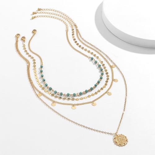 Boho Layered Gold Turquoise Necklace for Women Multi Strand Western Beach Jewelry Stackable Chain with Toggle Clasp Disc Pendant Trendy Fashion Jewelry - color: Gold-3