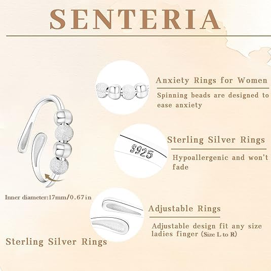 Senteria Anxiety Rings for Women Sterling Silver Rings Adjustable Stress Spinner Rings with Beads Fidget Rings for Anxiety Women - color: S925 ring-Style 1