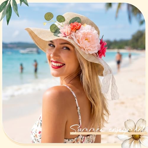 6 Sets DIY Tea Party Straw Hats Kit DIY Straw Hat for Women Blank Sun Hats - style: Vintage Peony