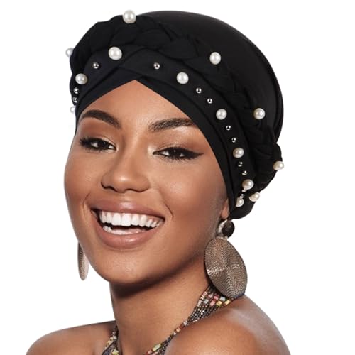 DRESHOW Turban Pre-Tied Twisted Hat Thread African Head Wraps for Black Women Chemo Cancer Cap Braid Hair Cover - color: 1 Pc Twisted Braid With Pearls: Black