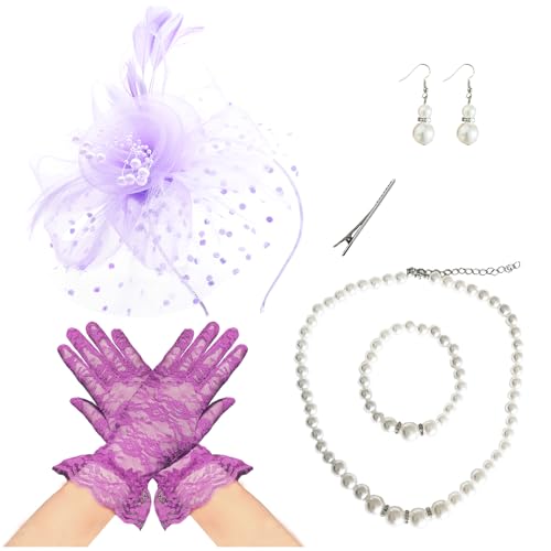 Fascinators Hat Pearl Earrings Necklace Bracelets Gloves 1920s Headband Hair Clips Women Flower Mesh Feather Headpiece Headwear Halloween Carnival Cocktail Wedding Tea Party Accessories Purple - color: Light Purple
