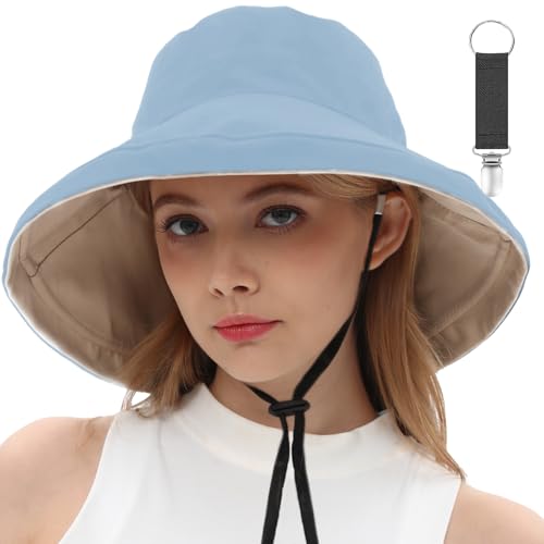 vidsel Womens Sun Hats Wide Brim Reversible Bucket Cotton Hat Packable Summer Travel Cap with Hat Clip,UV Protection - color: Medium-beige+blue, size: Medium