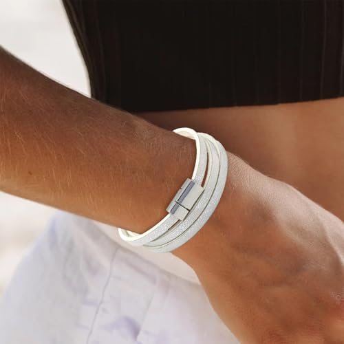 Long tiantian Leather Wrap Bracelet for Men Vintage Brown Leather Cuff Bracelet Adjustable Minimalist Western Style Wristband Casual Fashion Jewelry Gift for Him - color: white