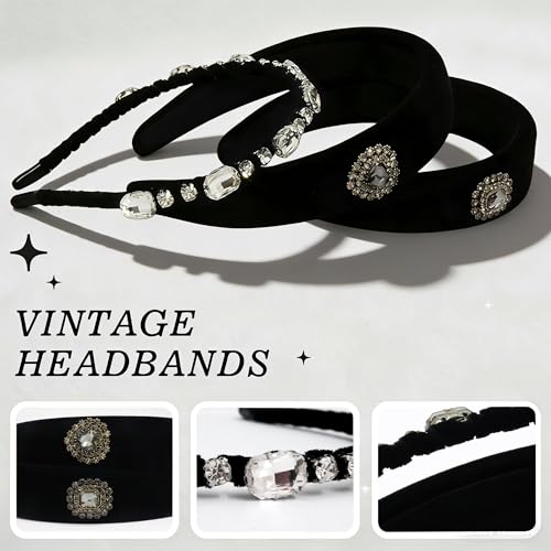 3 Pack Black Velvet Headbands for Women, Rhinestone Jeweled Thick Padded Hairbands & Thin Braided Crystal Hair Hoop, Vintage Baroque Sparkly Hair Accessories for Wedding Party - color: Velvet Crystal