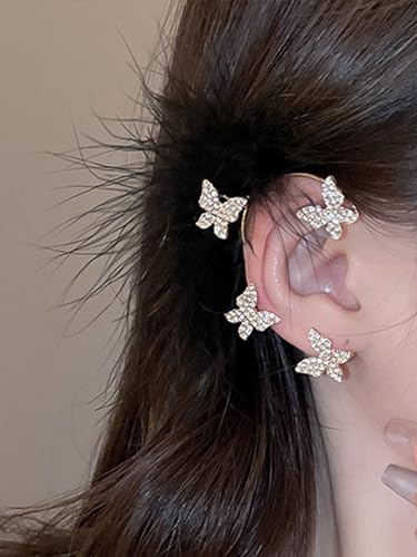 2Pcs Rhinestone Butterfly Earrings Ear Cuffs Non-Pierced Fake Earrings Butterfly Climber Wrap Around Earring Dainty Adjustable Ear Clip Jewelry for Women - color: Style6-gold