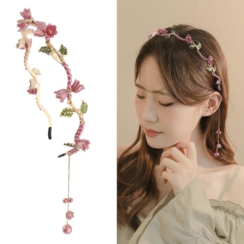 AHONEY Pink Flower Crown Headband for Women Girls Hair Vine Floral Leaf Boho Headband Wedding Fairy Hair Accessories Headpiece - color: Pink