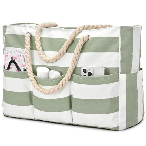 Becokan Beach Bags for Women Canvas Large Beach Tote Bag Zipper Waterproof Sandproof Foldable Swim Pool Bag with 7 Pockets - color: Light Green
