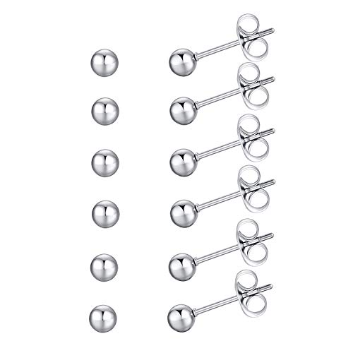 FOSIR 6 Pair Tiny Women 14K Gold Plated Ball Stud Earrings Surgical Stainless Steel Earrings Set, 2-6MM - style: silver-6pair,5mm