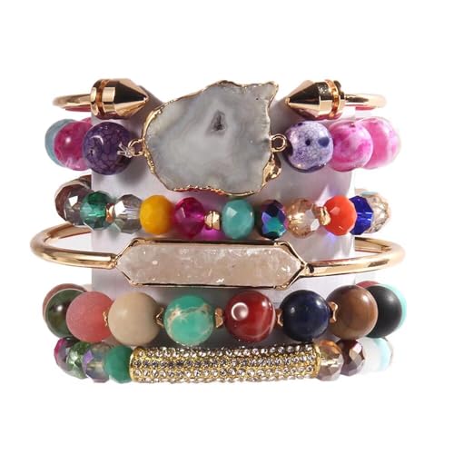 Yomisa 5PCS 6PCS Natural Boho Beaded Bracelets/Bangle for Women Men,Healing Turquoise Jasper Agate Crystal Gemstone Stone Chakra Multilayer Wrap Bohemian Handmade Jewelry Beads Stretch Bracelet Set - color: 6PCS-Colorful