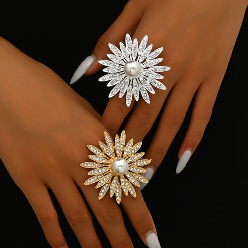 Vintage Rhine Sunflower Ring,Colorful Large Flower Rings Crystal Sunflower Finger Joint Opening Rings Wedding Party Ball Jewelry Accessories for Women - color: Gold