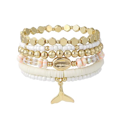 Shell Bracelet Seashell Boho Beaded Stretch Bracelets for Women Summer Beach Bracelets Starfish Charm Bracelet Stackable Gold Plated Bracelets Set for Women - color: k-shell 6pcs set