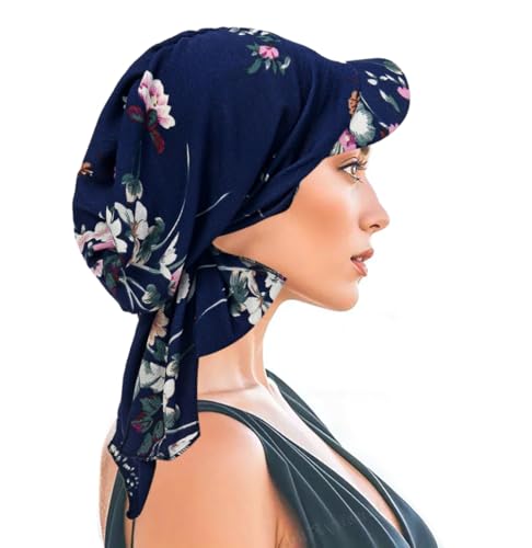 XYIYI Chemo Headwear for Womens Cancer Patients, Head Scarf Chemotherapy Headwraps Hat - color: Navy Blue Flowers