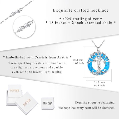 TOUPOP Tree of Life Necklace Gifts for Women 925 Sterling Silver Family Tree Pendant with Crystal Birthday Irish Jewelry Gifts for Women Her Wife Mom - color: 04-White Gold-Turquoise
