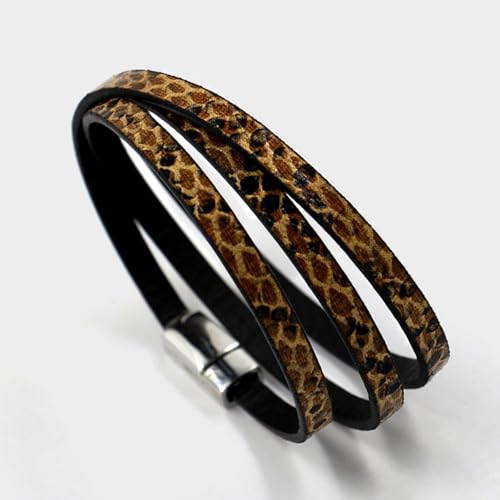 Long tiantian Leather Wrap Bracelet for Men Vintage Brown Leather Cuff Bracelet Adjustable Minimalist Western Style Wristband Casual Fashion Jewelry Gift for Him - color: leopard