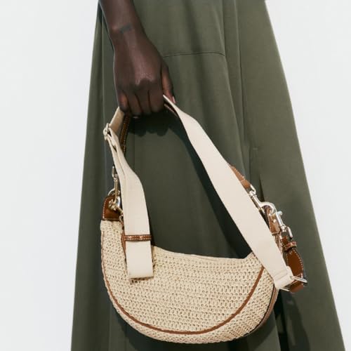 Straw Crossbody Bags for Women Crescent Woven Shoulder Handbag Summer Beach Hobo Purses with Adjustable Strap - color: Khaki