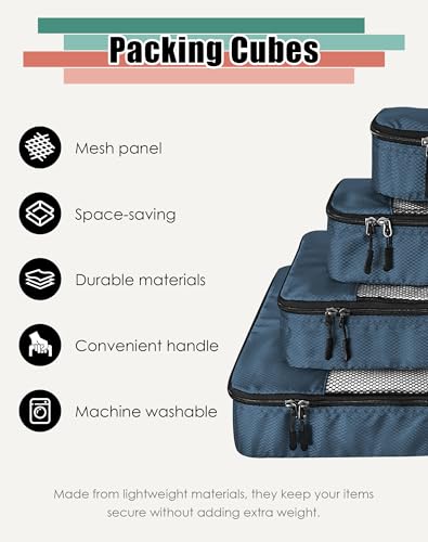 WTREE 4-Piece Packing Cubes Travel Accessories Set for Suitcases - Luggage Organizer Bags with Double Zipper - Mesh Top - Small/Medium/Large/Slim - Dark Blue - color: Dark Blue, size: Slim, Small, Medium, Large