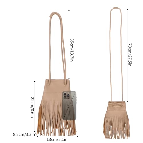 Women Leather Fringe Messenger Bag Mini Hobo Crossbody Tassel Shoulder Bags - color: Solid-khaki