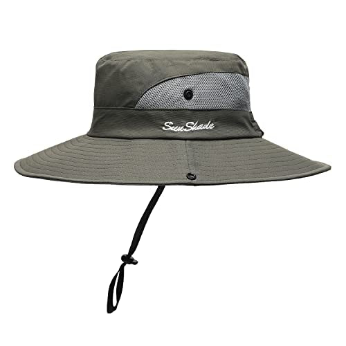 Womens Summer Sun Hat Beach Hat Wide Brim Outdoor UV Protection Hat Foldable Cool Mesh Ponytail Bucket Hat - color: Pure Army Green