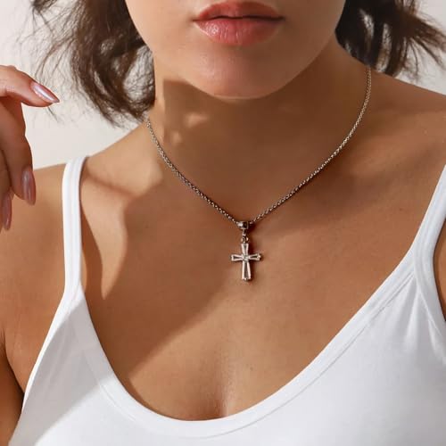 14K Gold Plated Cross Pendant Necklaces for Women Trendy, Dainty Choker CZ Cross Necklace Non Tarnish,Simple Tiny Cross Necklace for Jewelry Gifts - style: T-Crystal Platinum