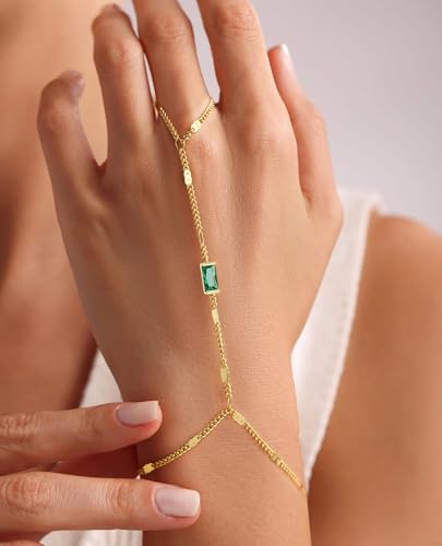 Birthstone Gold Bracelets for Women Trendy 14K Gold Plated Hand Chain Bracelet Stack Stackable Friendship Birthday Bracelets Gifts Christmas Stocking Stuffer for Women - color: 05 May