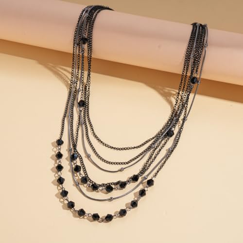 Boho Layered Necklace for Women Stacked Crystal Chain Necklace Beaded Pendant Boho Necklace Trendy Dainty Jewelry - color: Black