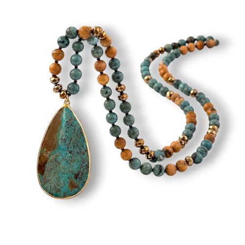 Long Genuine Stone beads and Pendant Necklace for Woman. Hand Knotted natural stone beads with big non-precious stone statement necklace. HANDMADE Boho Jewelry for women. - color: Turquoise Green