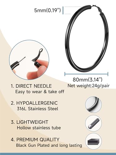 Stainless Steel Chunky Hoop Earrings For Women, Minimalist and Chic, Black/Gold Plated, Round Hoops Earrings Hypoallergenic, Size: 30mm/40mm/60mm/80mm, Come with Box - color: 1. Black, size: 80MM