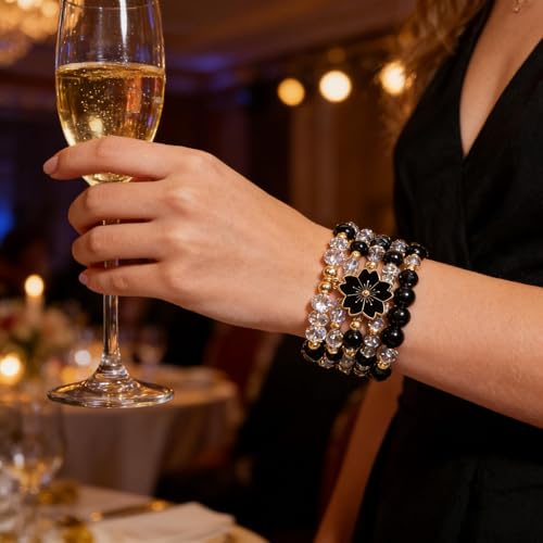 coadipress 5Pcs Bohemian Flower Stackable Bead Bracelets for Women Multilayer Crystal Glass Beaded Charm Bangles Bracelet Boho Summer Beach Hawaii Holiday Statement Jewelry - color: Black