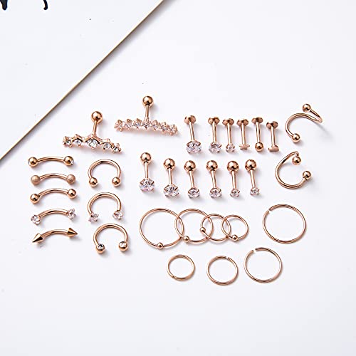 REVOLIA 32Pcs Stainless Steel Cartilage Stud Earrings for Women Conch Helix Tragus Daith Conch Hoop Earing Piercing Jewelry Set - color: Rose-Gold tone