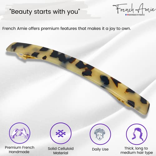 French Amie Long and Skinny Bar White Tokyo Large 4 1/4" Celluloid Acetate Handmade Automatic Hair Clip Barrette with No Slip Sturdy Silver Clasp for Women and Girls, Made in France (White Tokyo) - color: White Tokyo