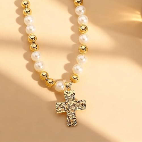 Chunky Cross Necklace for Women Chunky Gold Necklace Statement Cross Pendant Vintage Toggle Clasp Necklace Jewelry for Women - color: F1-Gold Cross Necklace