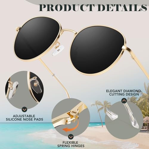 GQUEEN Retro Round Polarized Sunglasses Womens Men Spring Hinge Metal Frame Trendy Hippie Oval Sun Glasses Shades UV400 - color: 2 Gold Black & Black Black