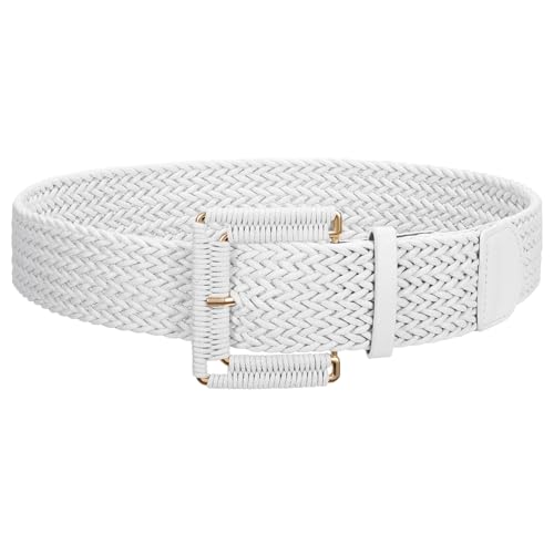 JASGOOD Women Wide Woven Belt for Dresses Rattan Waist Belt Braided Boho Belt with Square Buckle - color: White, size: Fit Waist Size 28-32inch