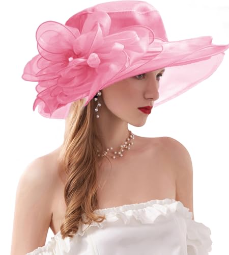 ORIDOOR Women’s Organza Church Tea Party Wedding Fascinator Derby Hat Wide Brim Sun Hats - color: C2-light Pink