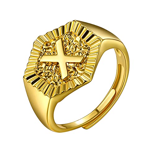 U7 Initial Ring Wedding Band for Men Women 18K Gold Plated Statement Hexagon A-Z Letter Jewelry Personalized Stackable Signet Rings - color: X
